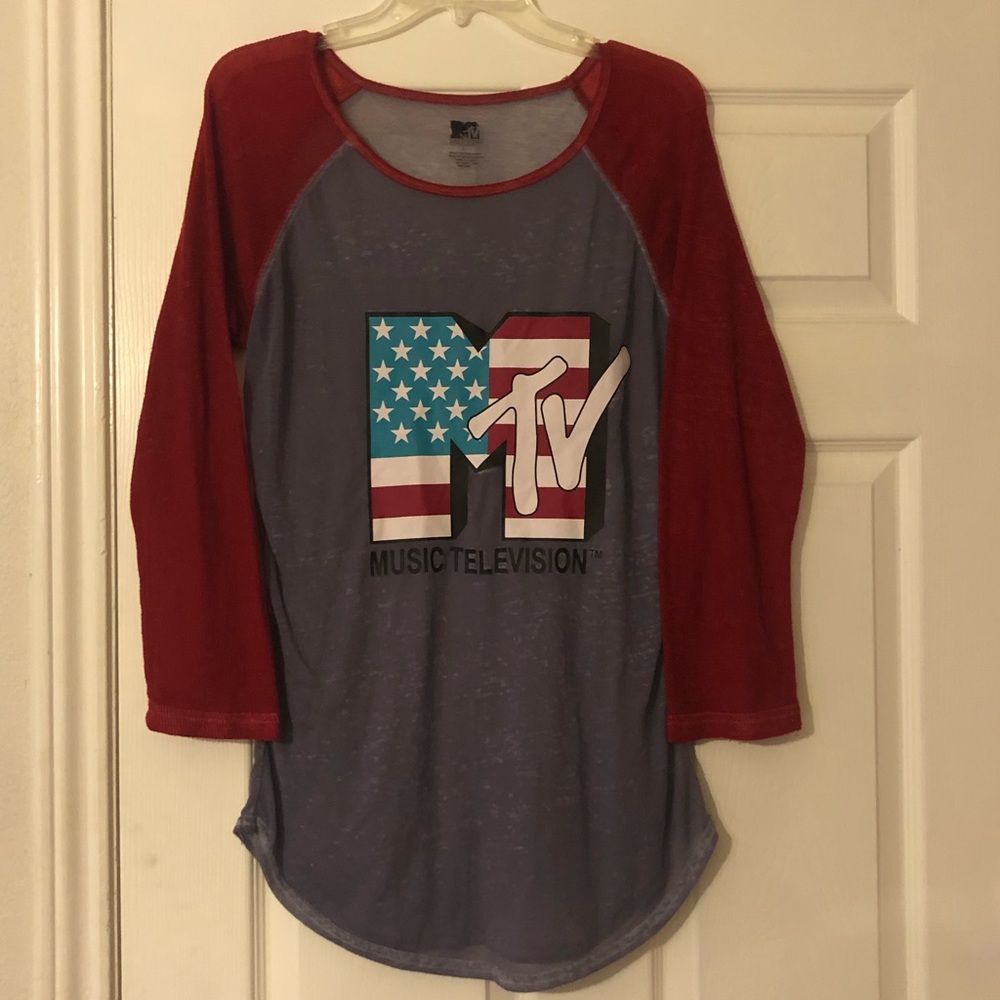 Sheer maroon and gray long sleeve MTV logo…